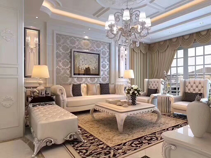 客厅吊顶的样式再配上白色的吊灯，亮色的沙发背景墙好像突出了整个空间的核心，精致而又追求细节的设计。