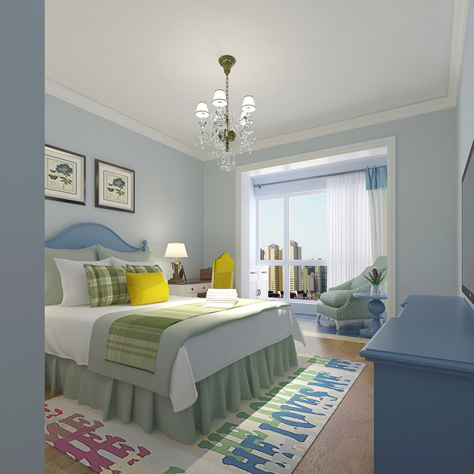 卧室看起来更加的浪漫清爽，色彩的渐变与搭配也是刚刚好，再加上光线的衬托，整个房间都很明亮舒适。