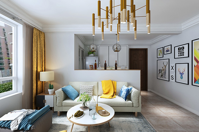 简约开放式吊顶配上现代支架垂直灯突显空间大气优雅，黄色窗帘配上乳白色的沙发增加空间色彩，现代简捷推拉窗的存在体现室内采光。