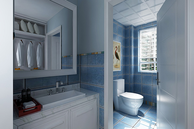 将洗脸盆分隔在卫生间外，深蓝色的防水砖与蓝色的墙壁融为一体塑造阳光般环境，一幅红和鸟存在增加空间活力。
