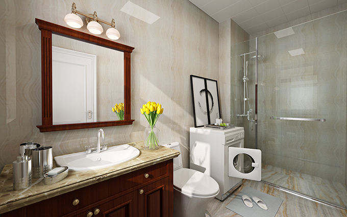 现代玻璃门存在塑造独立淋浴间，浅色环纹空间与灰色花纹地砖体现空间淳朴，美式风格收纳柜点缀典雅空间。