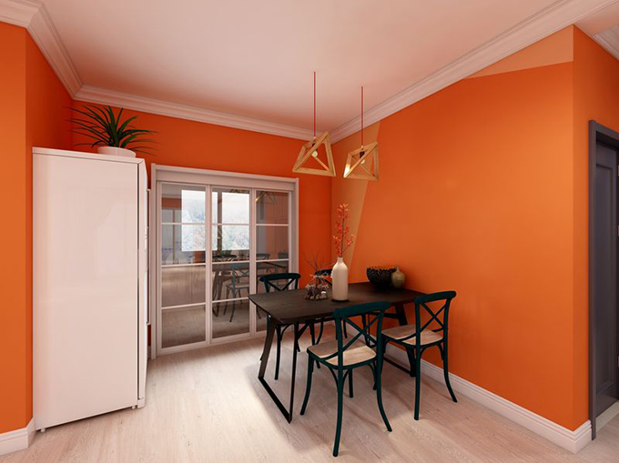 白色天花板配上橘红色墙面点缀空间甜美的色彩，多边形框架顶存托空间特色，黑色现代简约餐桌椅点亮空间舒适。