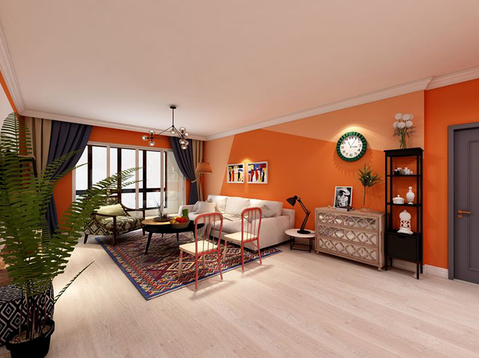 简约风格吊顶配置了现代串联泡泡球突显空间简约，橘红色镶嵌淡黄色墙面体现空间温馨色彩，简约美式风家具配置木制地板塑造生活简约。