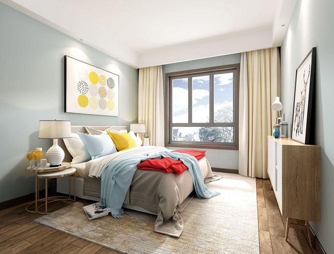 侧卧也是以提亮整体空间的淡蓝和柠檬黄来装饰，这样的设计和格调，又有一种简洁自然的北欧小调。