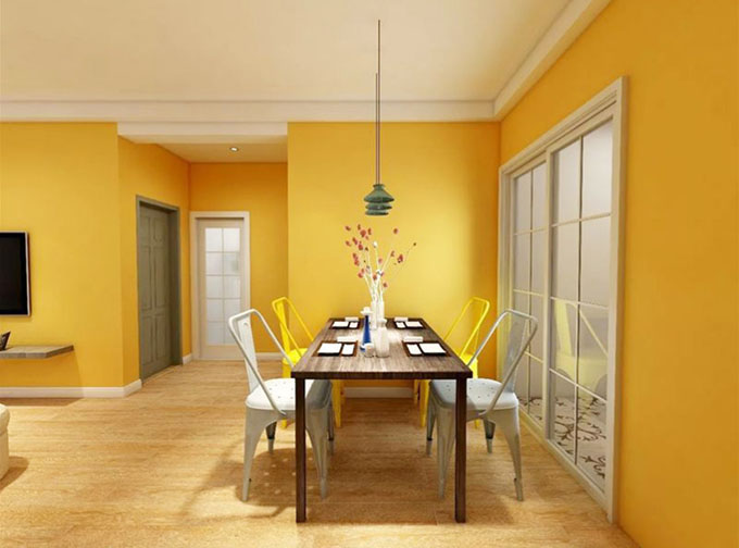 黄色墙体映照出空间硬朗的气息，不像那些花哨轻浮墙面，采用美式餐桌椅配置朴素的花呈现出空间典雅。