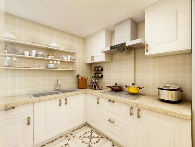 白色橱柜了配置肉色花斑灶台点缀空间淡雅，板块隔板的存在增加厨房收纳功能，花纹地砖出现给空间添加色彩。