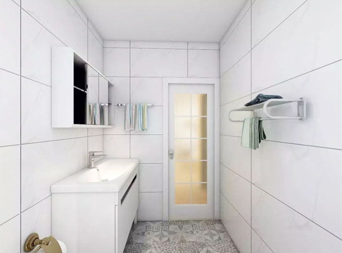 在白色墙面上增加了简单的功能架 为卫生间增加空间收纳，整体用白色呈现出了空间纯真，明显的出整洁干净。