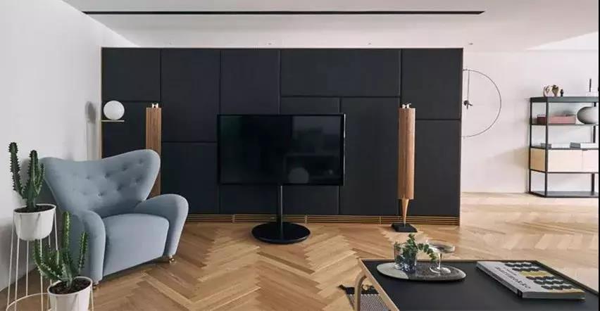 黑色电视墙同时也是鞋柜，一体两面的设计节省空间装潢，并贴上吸音棉加强隔音；搭配多个单人及双人座沙发，弹性调整空间利用，刻意选择不同颜色以丰富层次感